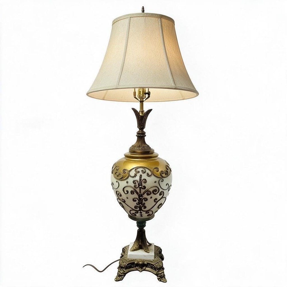 Vintage Table Lamp Gold White Marble Base Hollywood Regency Scrollwork Tested